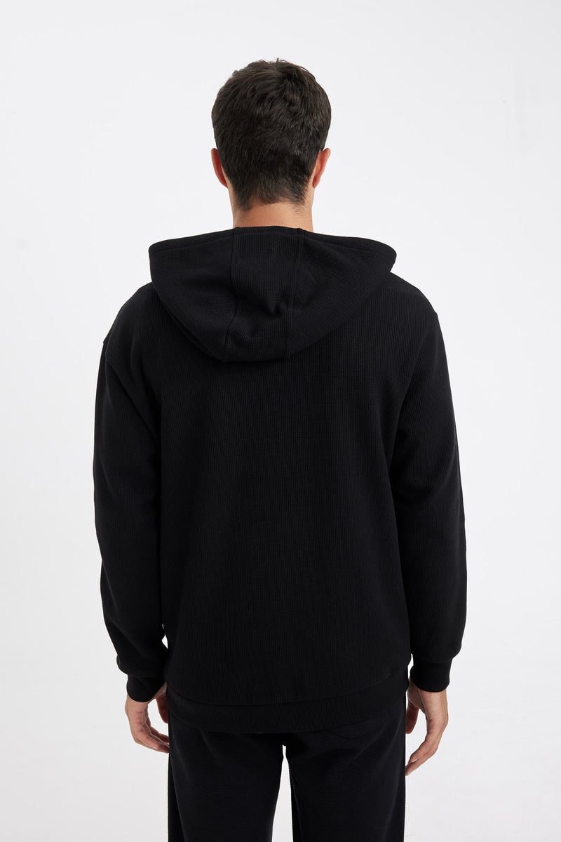 DeFacto Black Man Relax Fit Hooded Waffle Zippered Sweatshirt Casual - Image 5